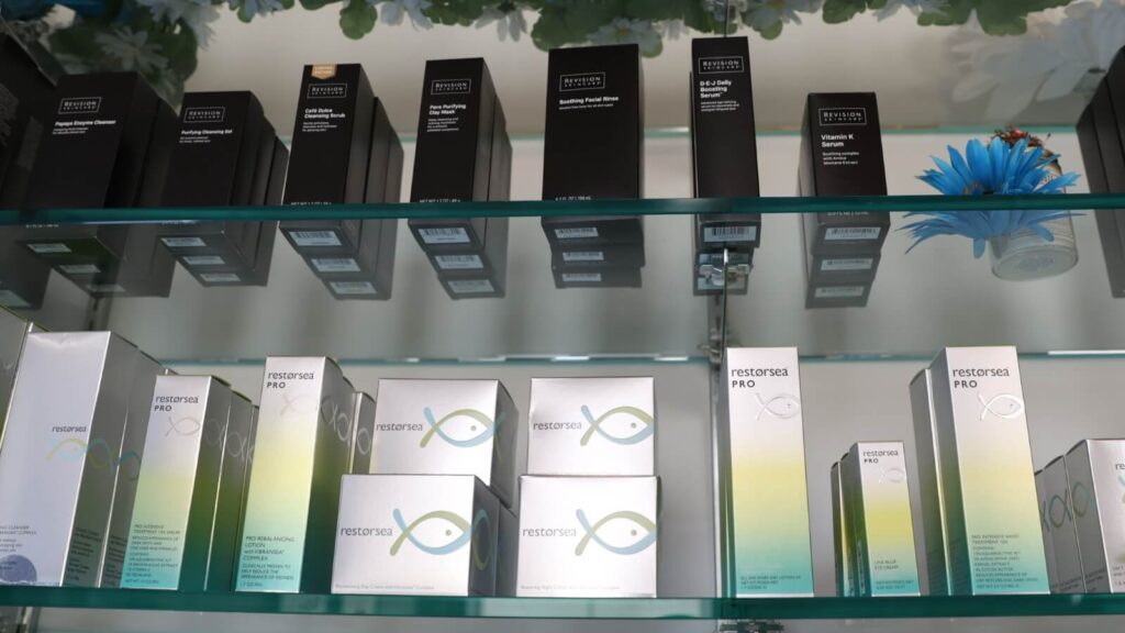 Shelves on skincare products