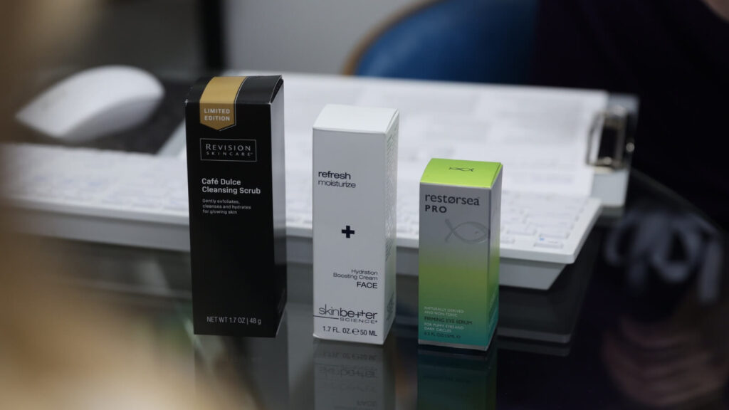 Skincare products lined up on a table