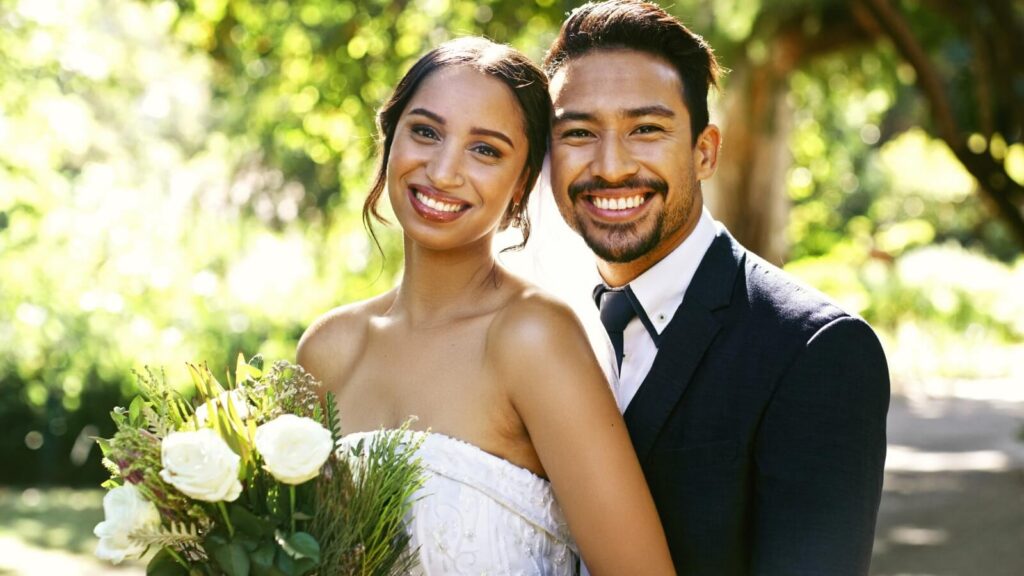 a closeup of a smiling bride and groom
