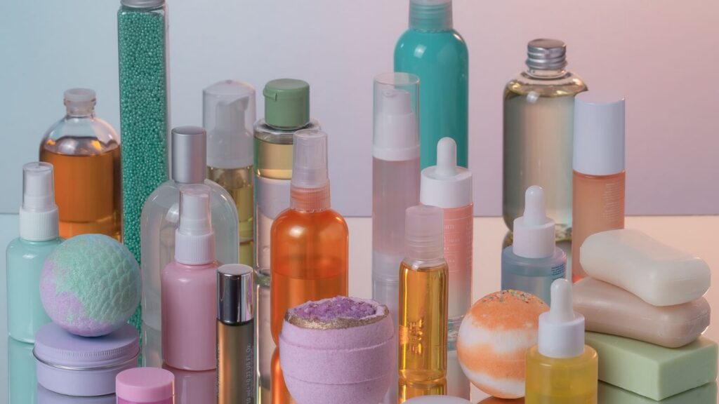Multiple skincare products in different shaped bottles