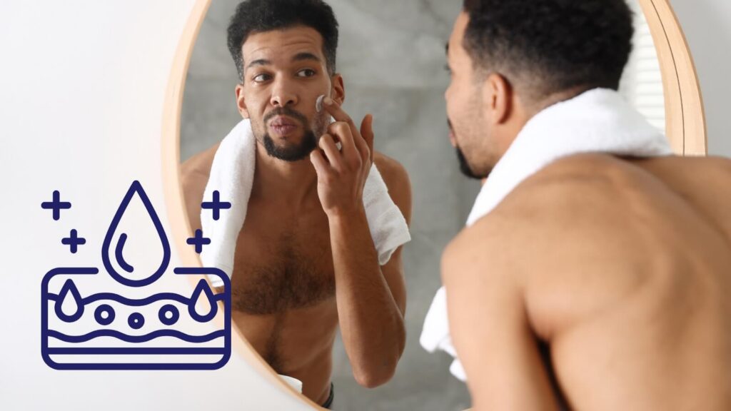 Man applying lotion to his face while looking in the mirror