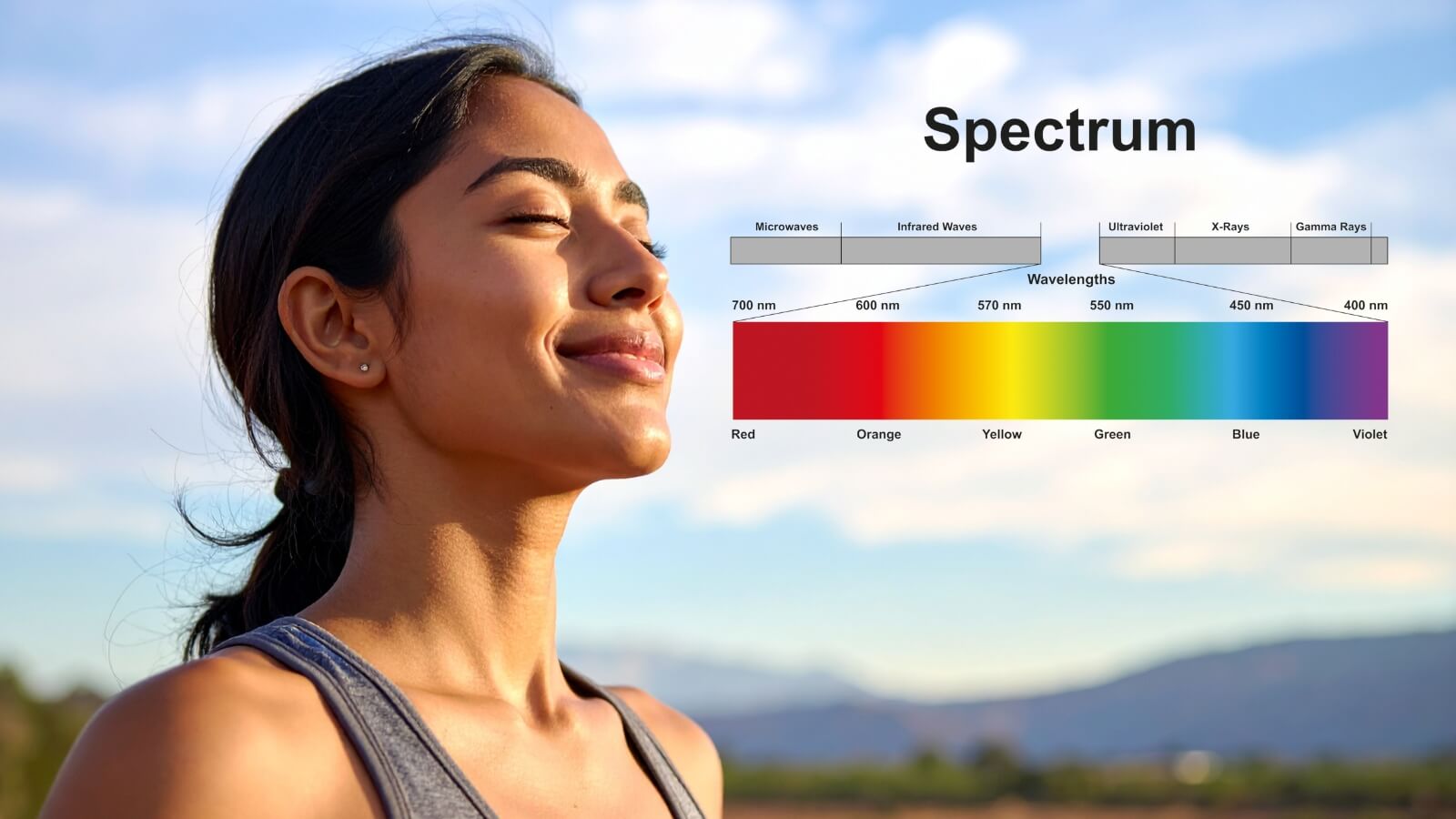 closeup of woman with a spectrum graphic over image