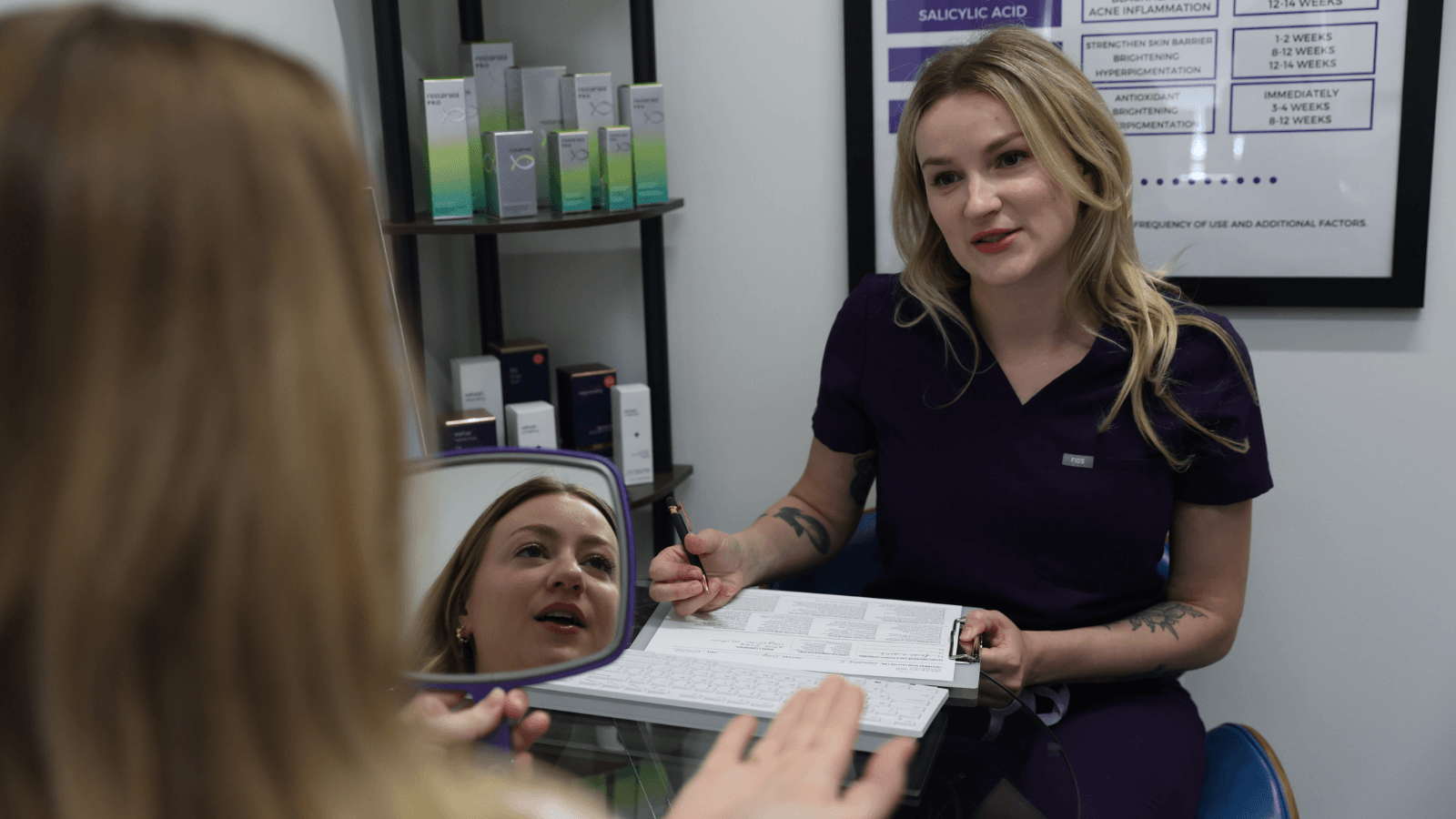 patient talking to doctor about wedding skin prep
