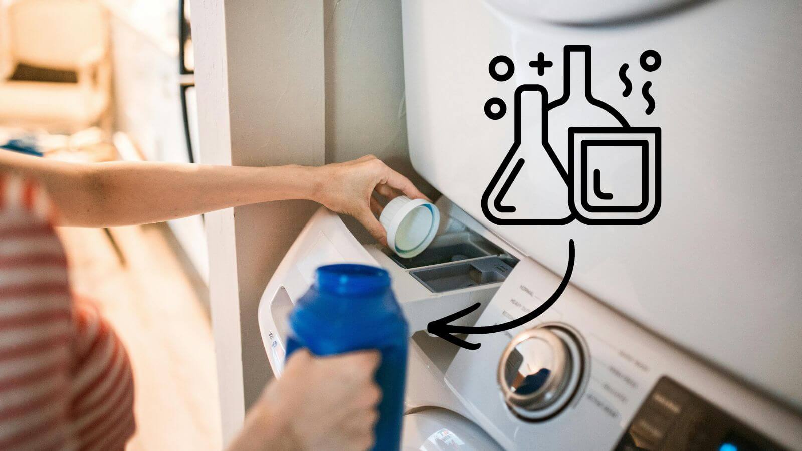 person putting detergent in washing machine with chemical icon overlay